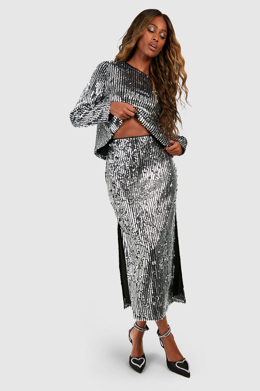 Black Premium Sequin Stripe Split Side Midaxi Skirt