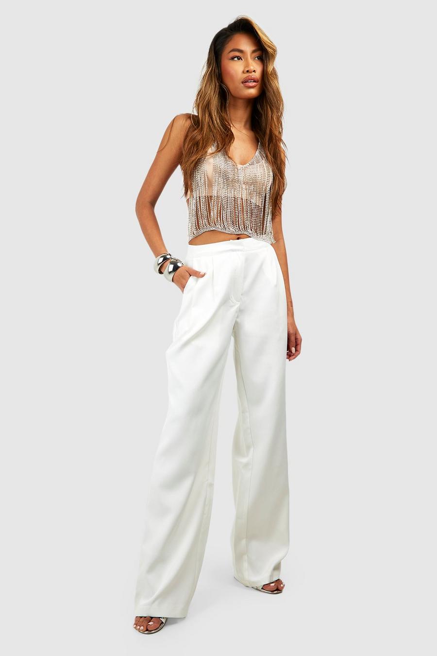 Ivory Pleat Front Tailored Wide Leg Pants