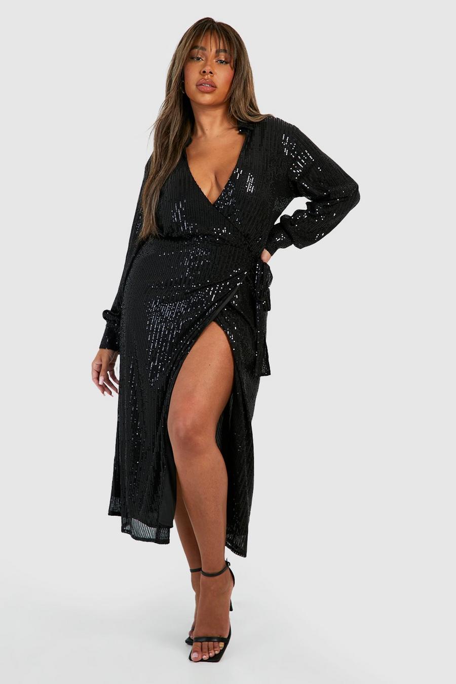 Black Plus Sequin Wrap Midaxi Shirt Dress