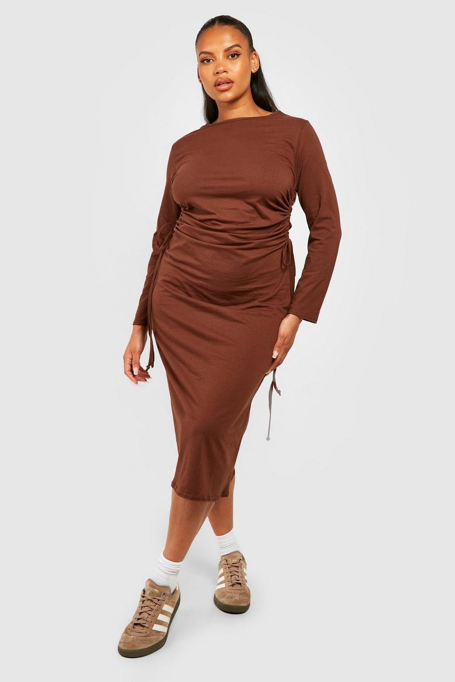 Chocolate Plus Cotton Ruched Tie Side Midi T-Shirt Dress