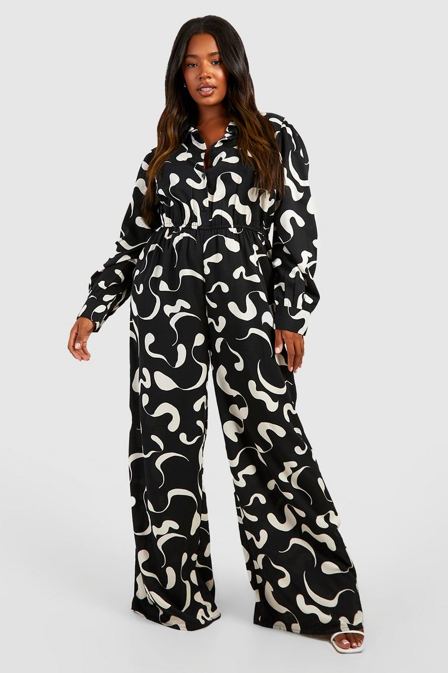 Black Plus Abstracte Wide Leg Jumpsuit Met Lange Mouwen