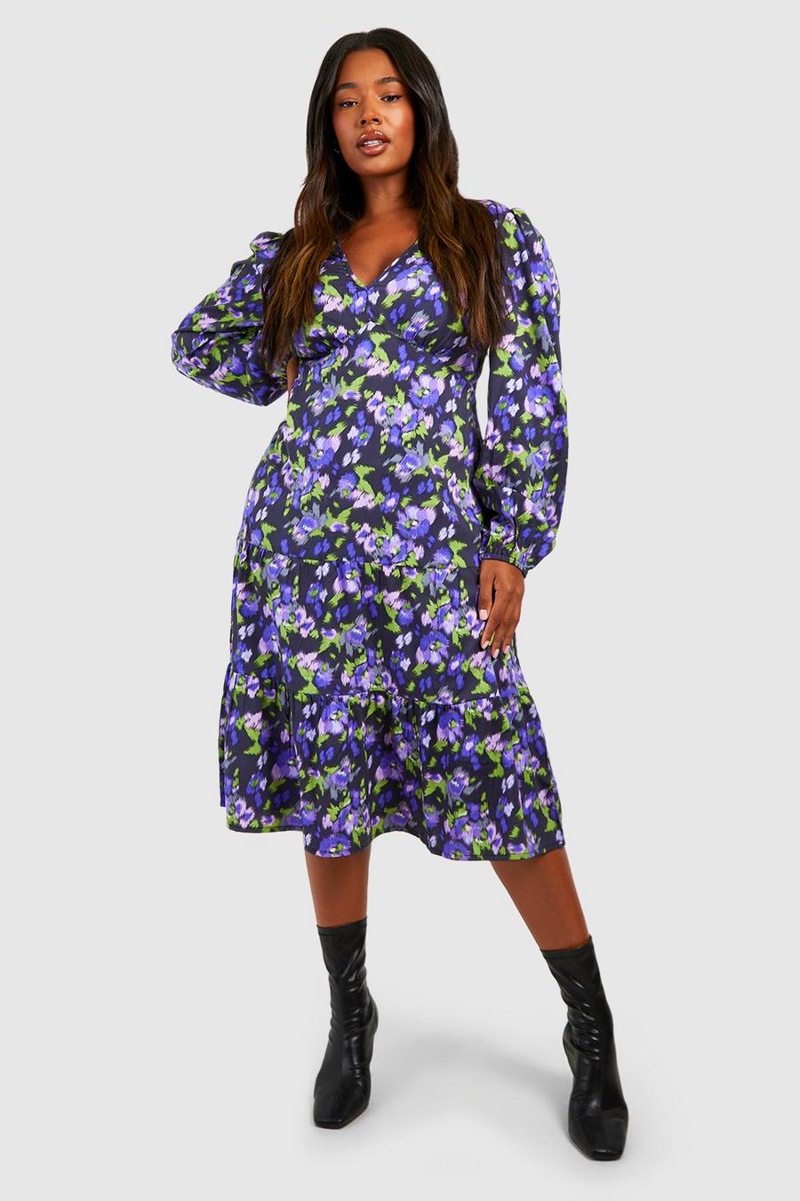 Grande taille - Robe babydoll coupe mi-longue à étages et imprimé fleuri, Purple image number 1