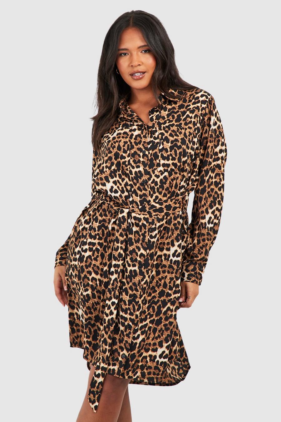 Vestido camisero Plus de leopardo con cinturón y mangas de murciélago