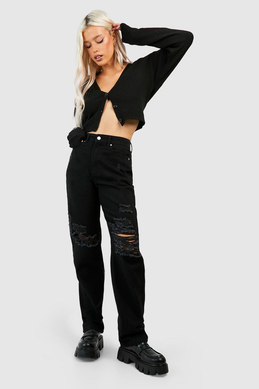 Black Versleten Gescheurde Jeans Met Rechte Pijpen En Hoge Taille