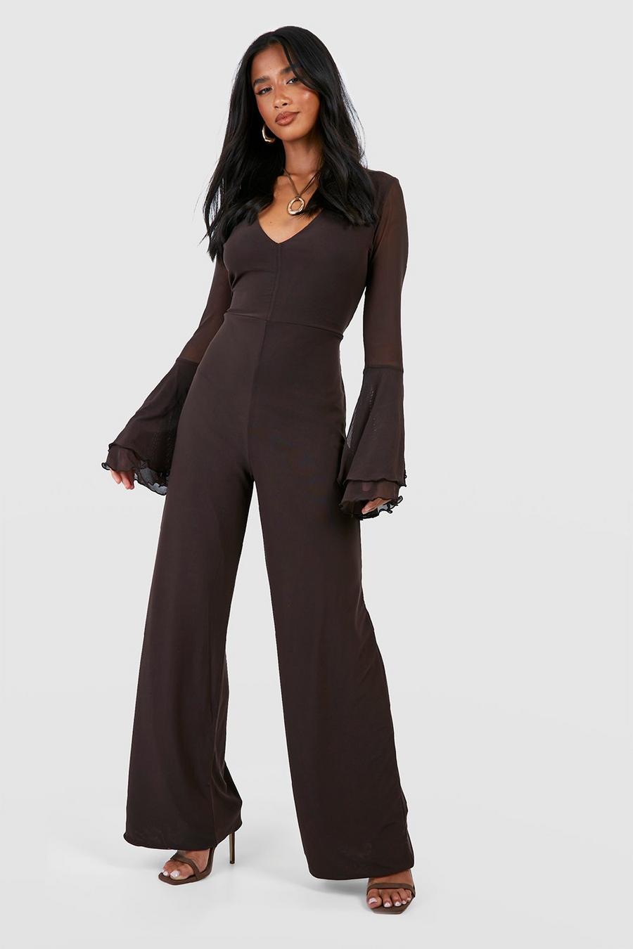 Chocolate Petite Mesh Flare Sleeve Jumpsuit