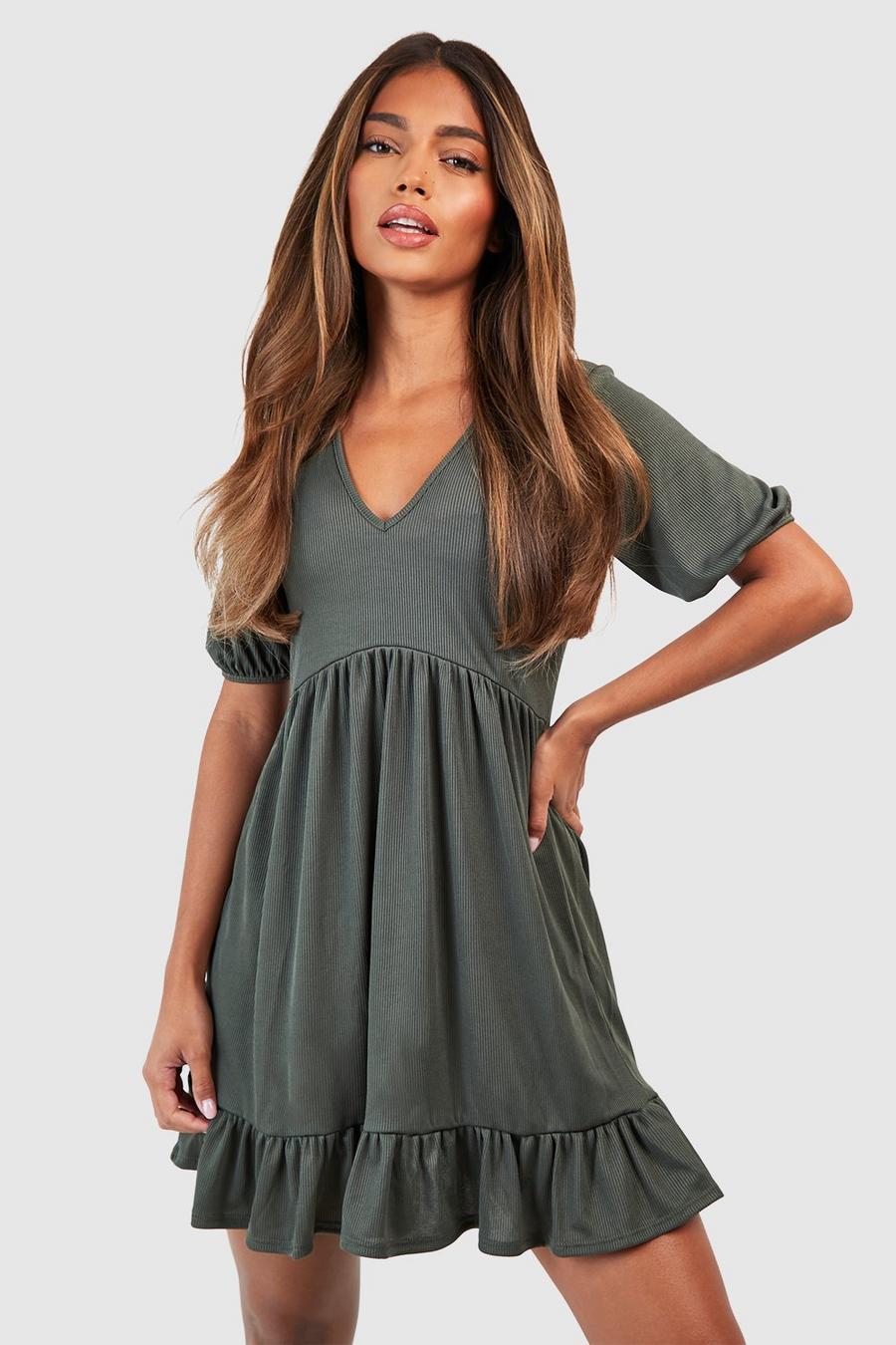 Ribbed Puff Sleeve V Neck Tiered Smock Dress