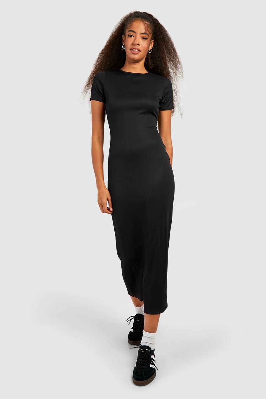 Black Ribbed Split Detail Midi T-Shirt Dress