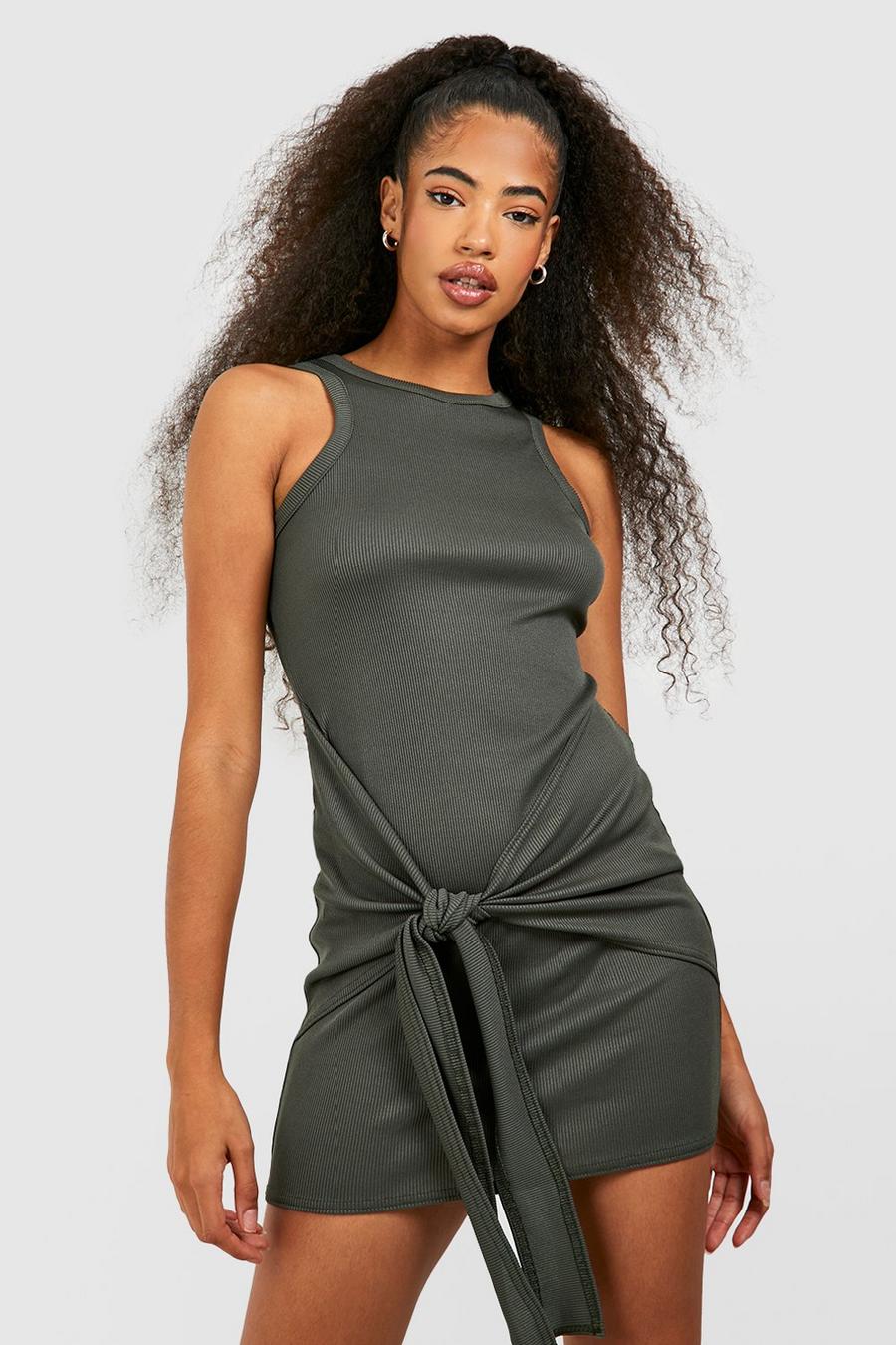 Khaki Ribbed Racer Neck Tie Detail Mini Bodycon Dress