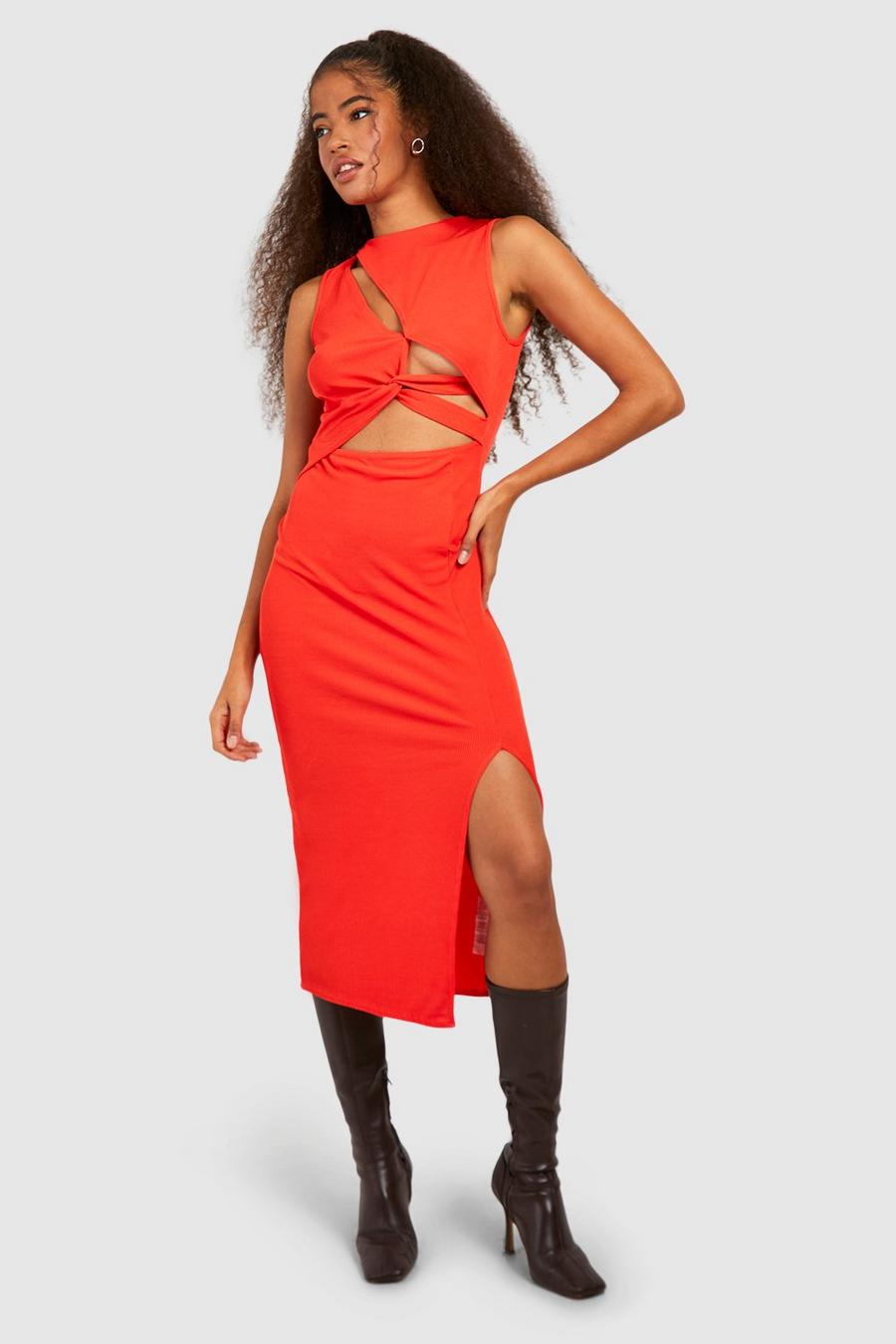 Orange Ribbed Cut Out Twist Detail Sleeveless Midi Dress