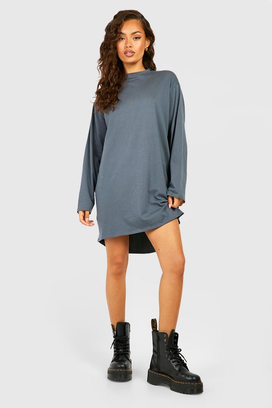 Charcoal Oversized Long Sleeve Dipped Hem T-shirt Dress
