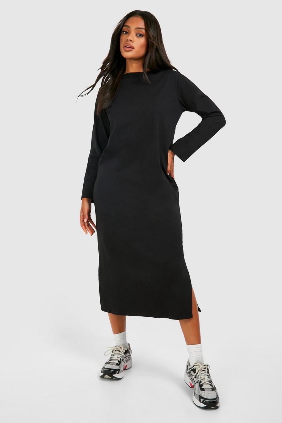 Black Oversized Long Sleeve Midi T-Shirt Dress