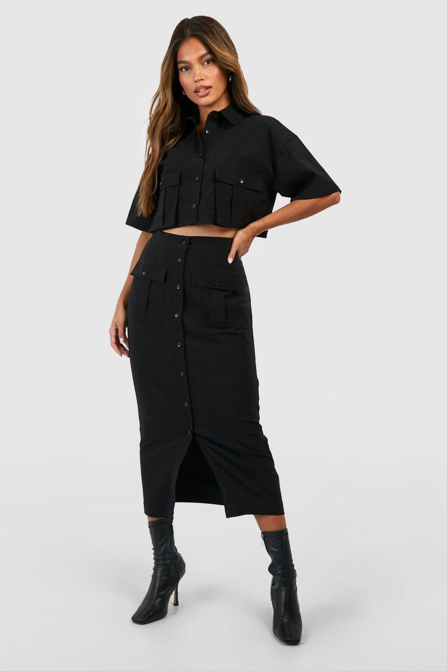 Black Cargo Pocket Split Front Midi Skirt