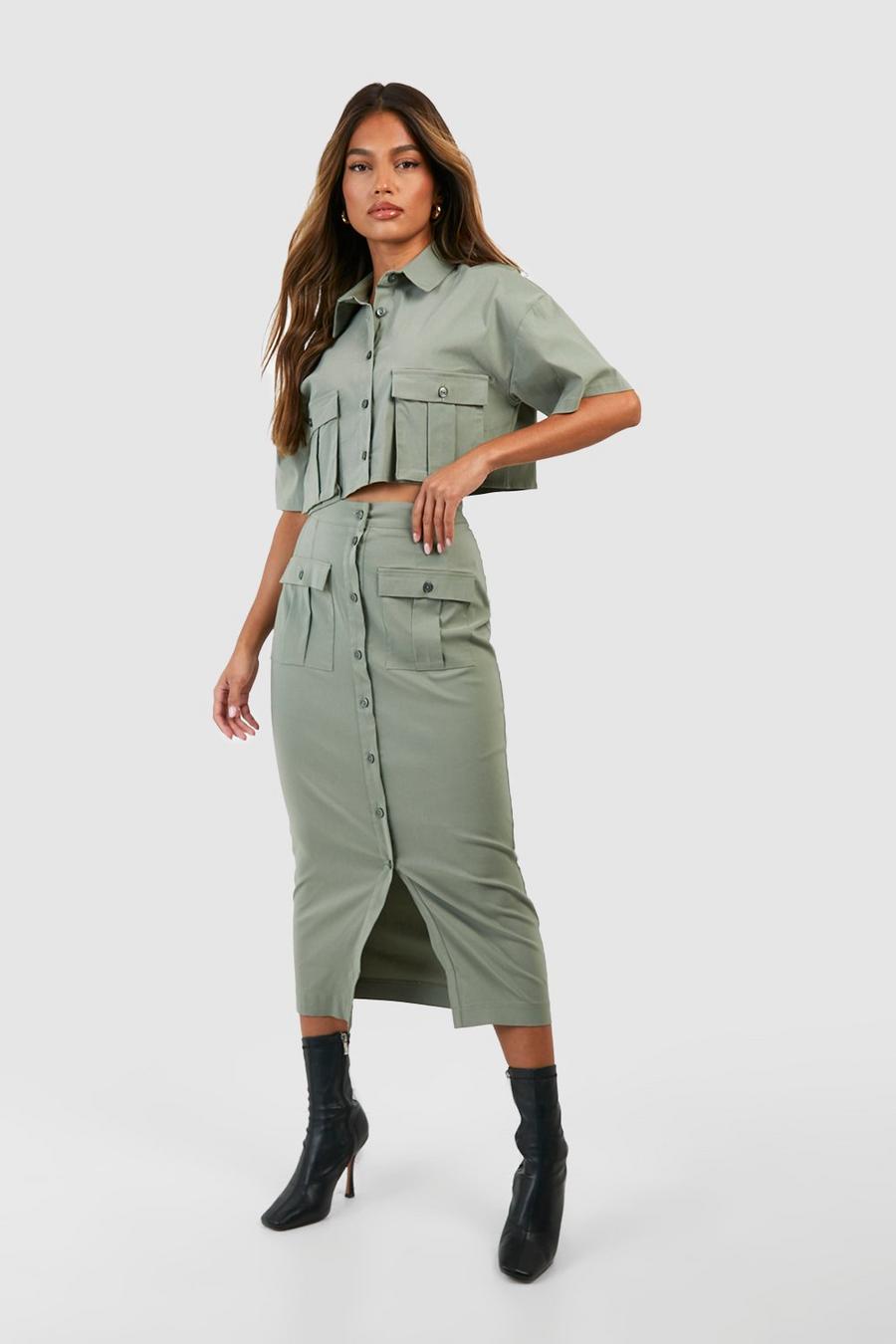 Khaki Cargo Pocket Split Front Midaxi Skirt