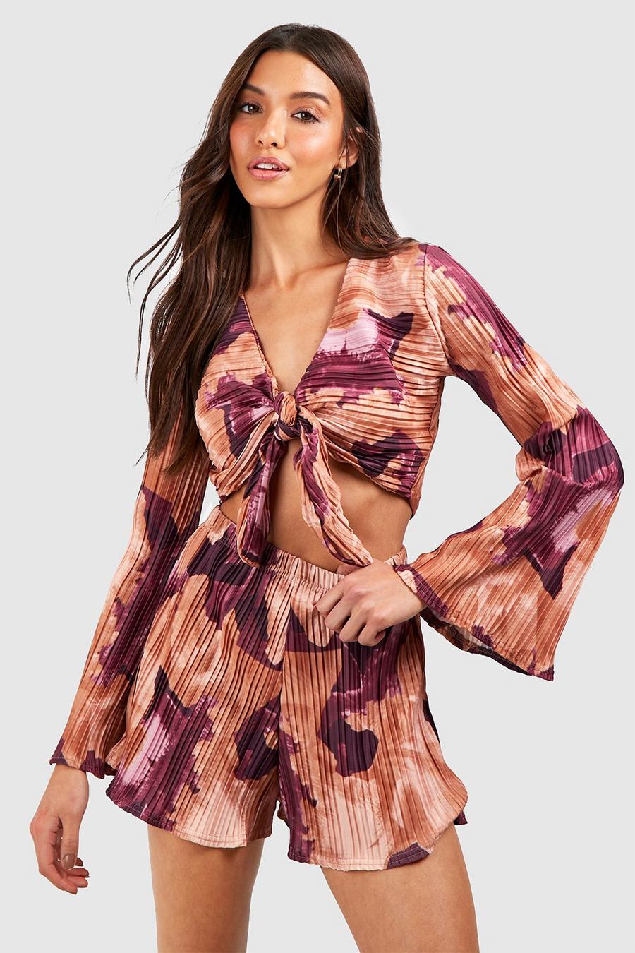 Plum Floral Plisse Flared Sleeve Tie Front Blouse