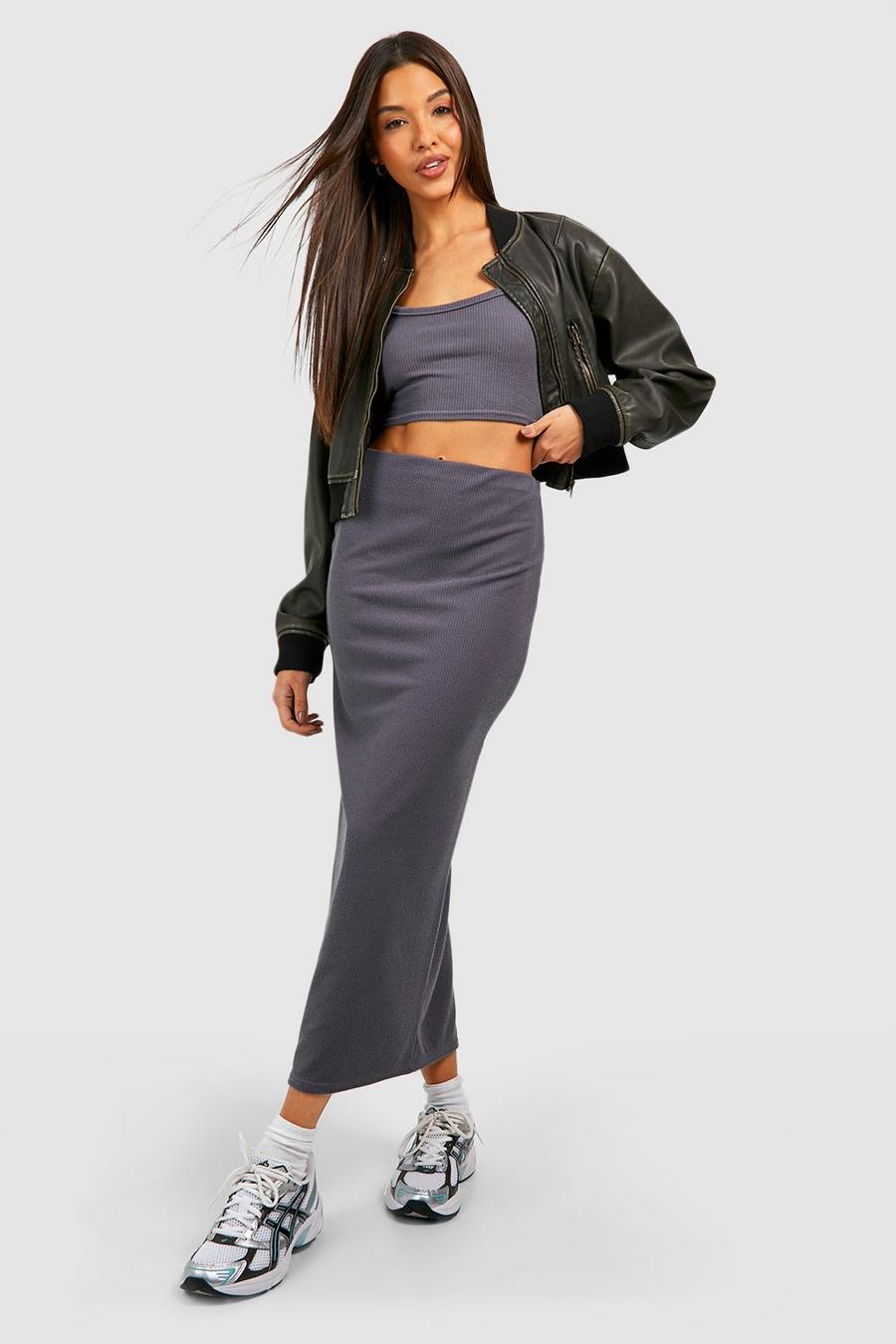 Charcoal Ribbed Column Midaxi Skirt