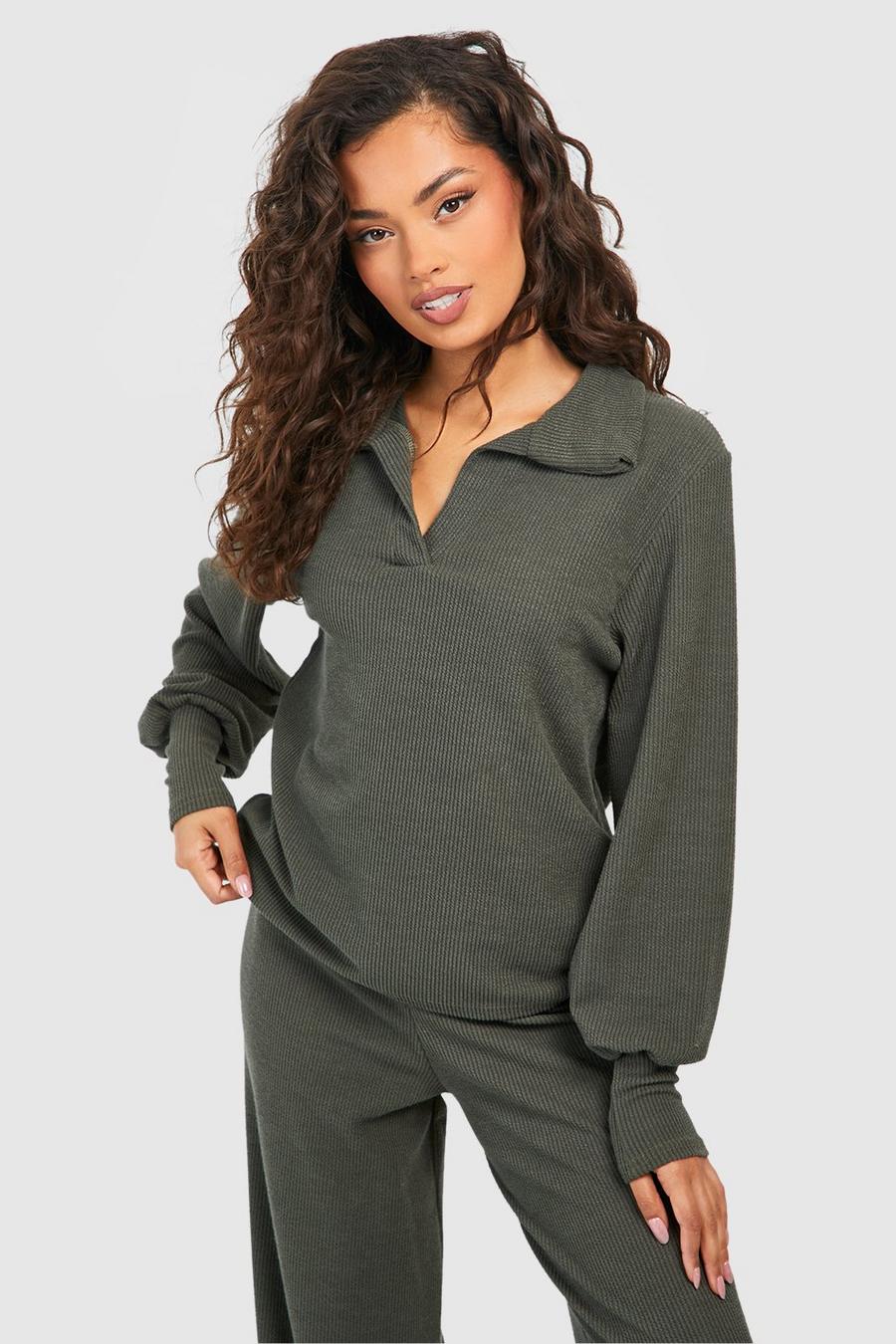 Khaki Ribbed Oversized Slouchy V Neck Top