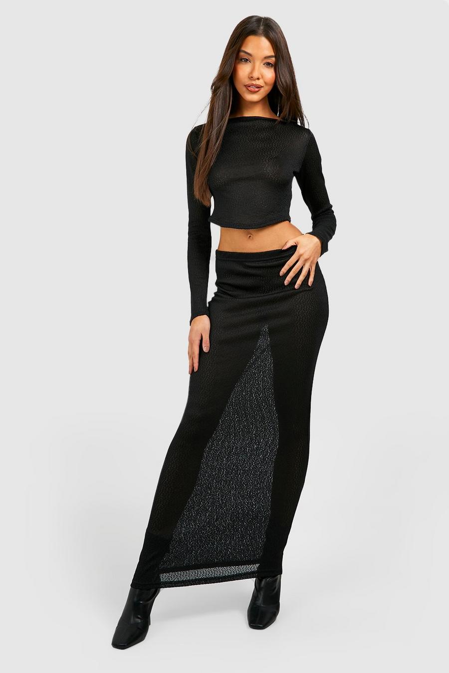 Black Textured Mid Rise Floaty Maxi Skirt image number 1