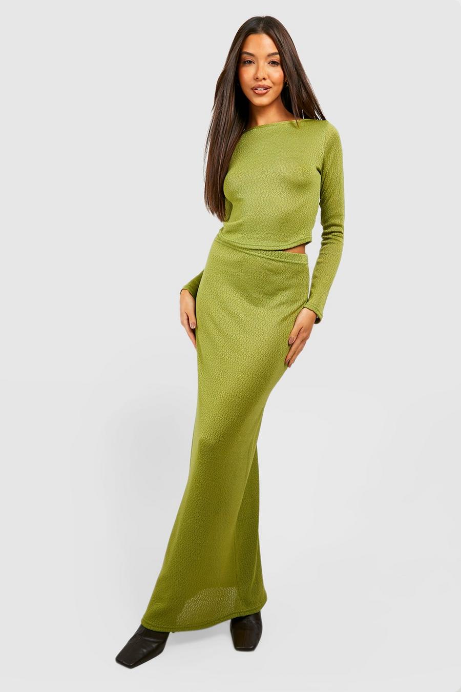 Olive Textured Mid Rise Floaty Maxi Skirt