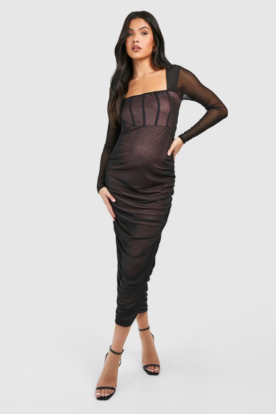 Black Maternity Mesh Square Neck Midaxi Dress