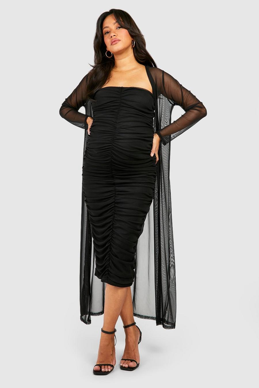 Black Maternity Bandeau Mesh Midaxi Dress And Duster Set