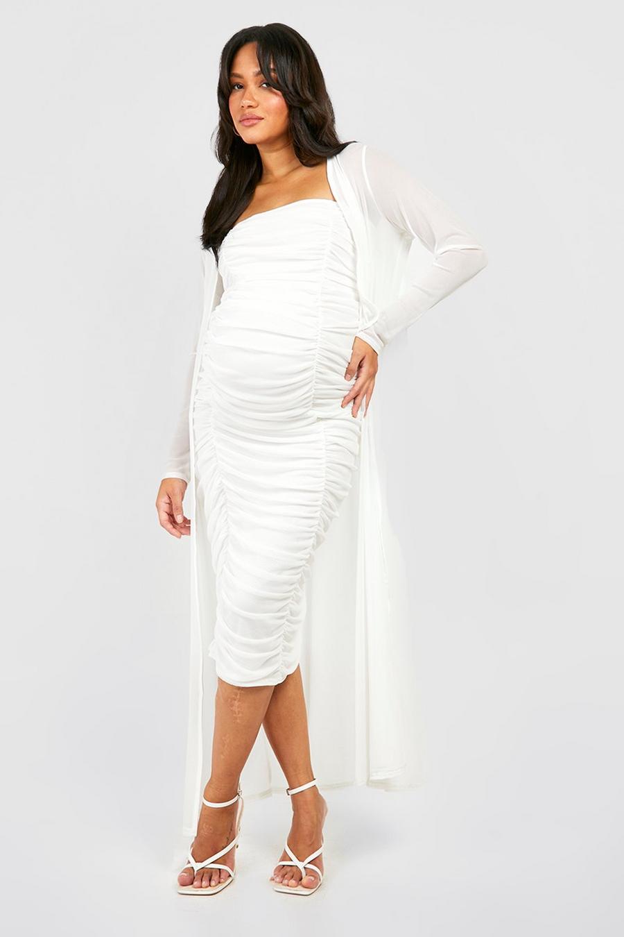 White Maternity Bandeau Mesh Midi Dress And Duster Set