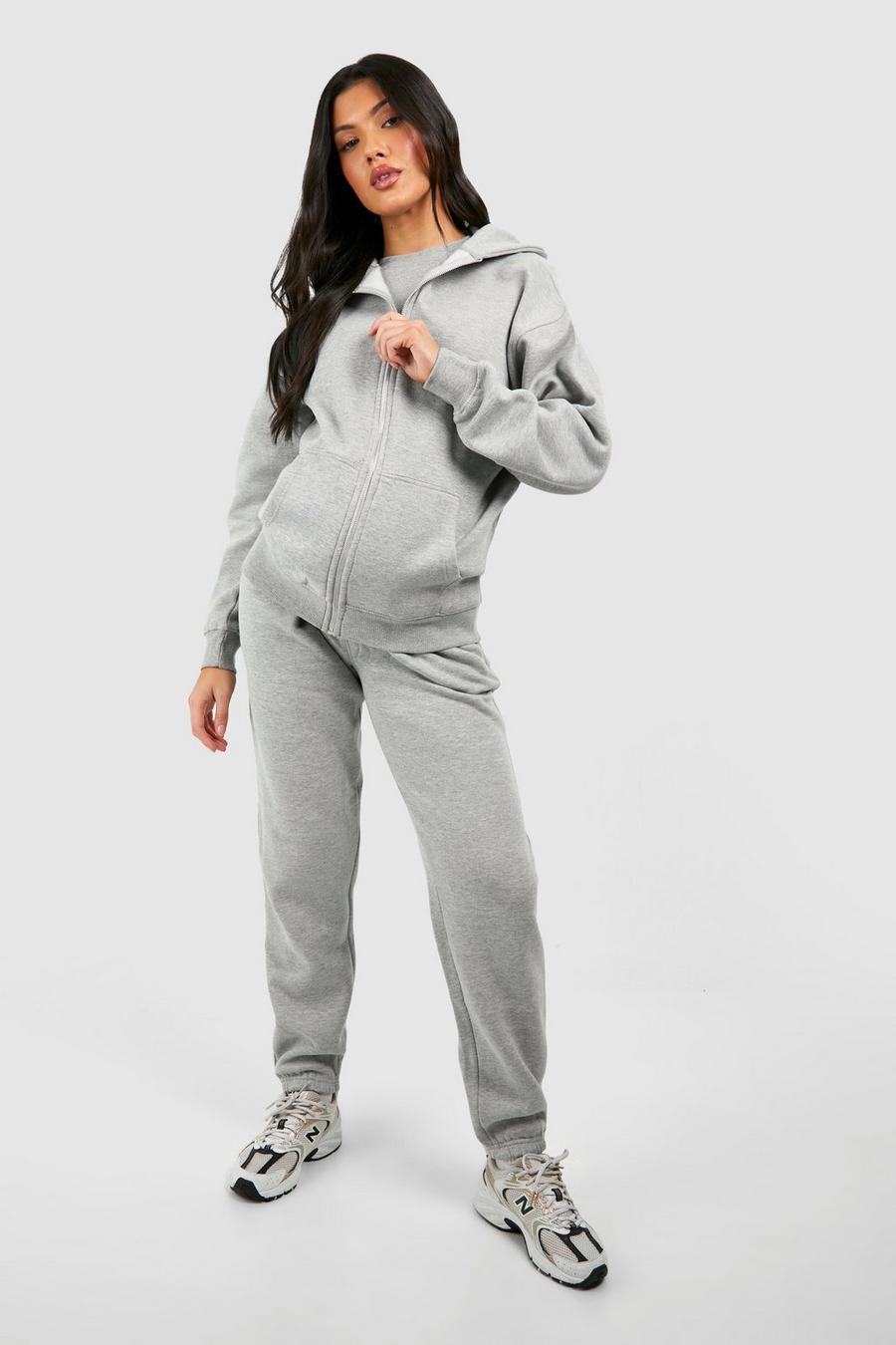 Ash grey Maternity Ribbed Fitted T-shirt 3 Piece Hooded Tracksuit