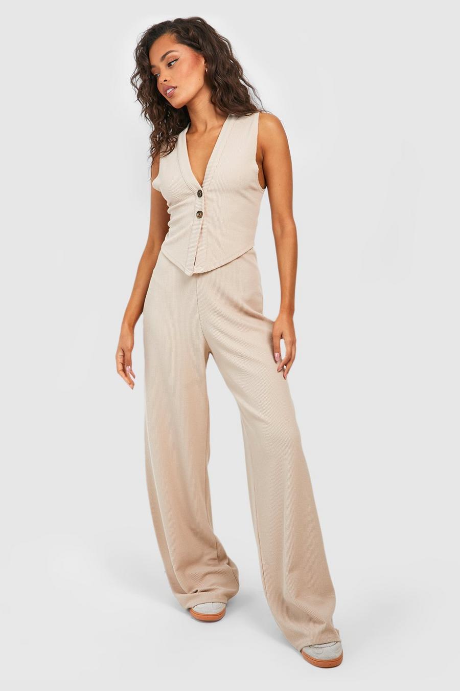 Stone Ribbed Wide Leg Trousers