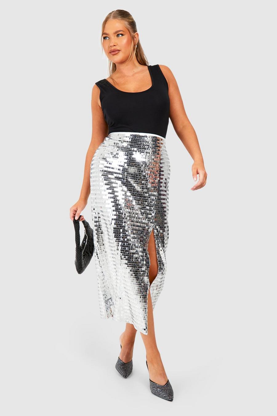 Silver Plus Shard Sequin Midi Skirt