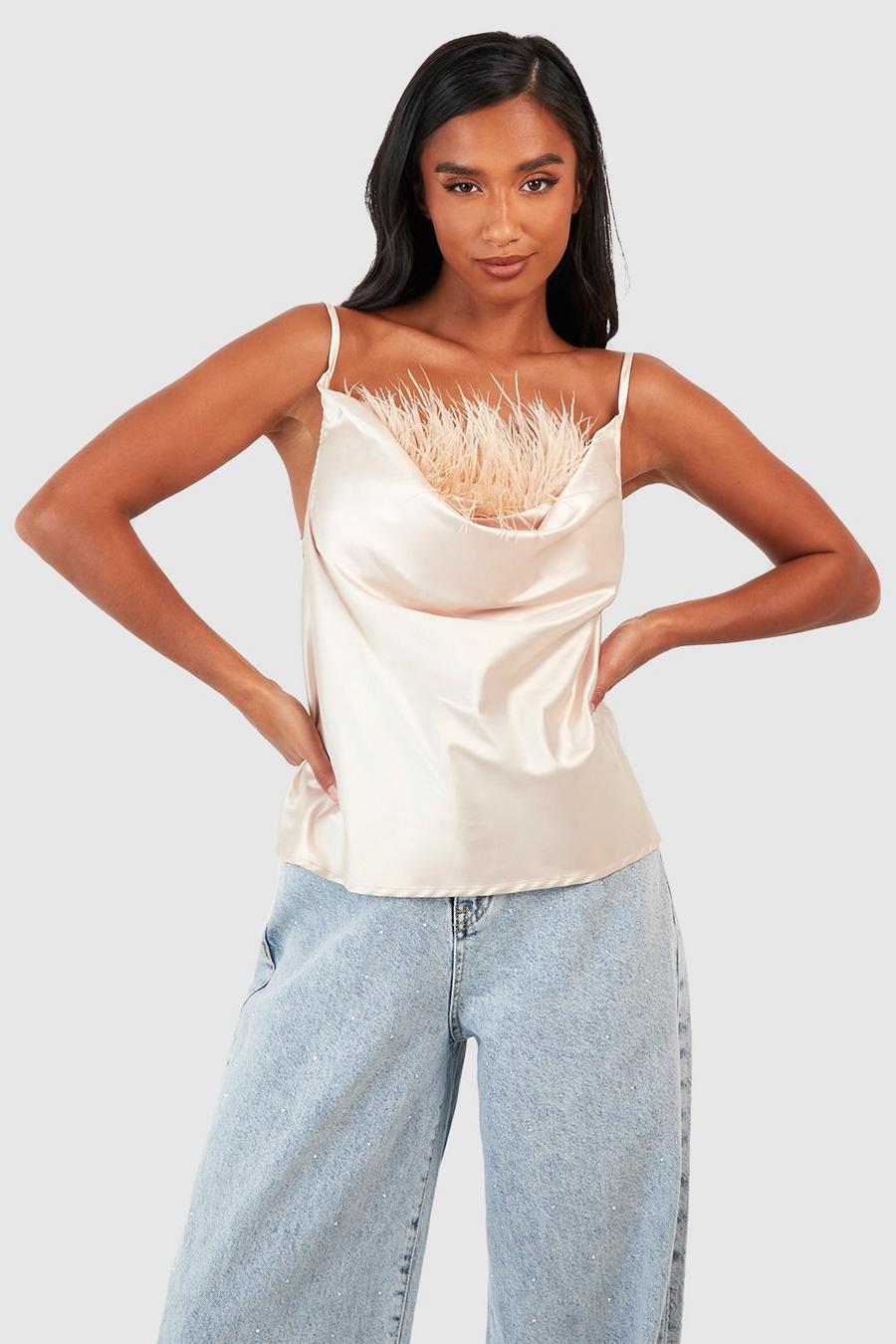 Champagne Petite Satin Feather Cowl Camisole