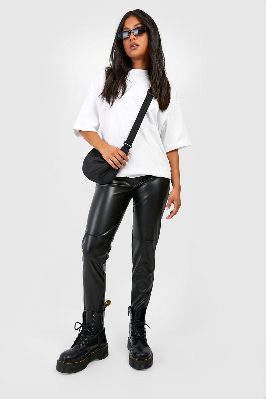 Black Petite Leather Look Seamed Skinny paul Trousers