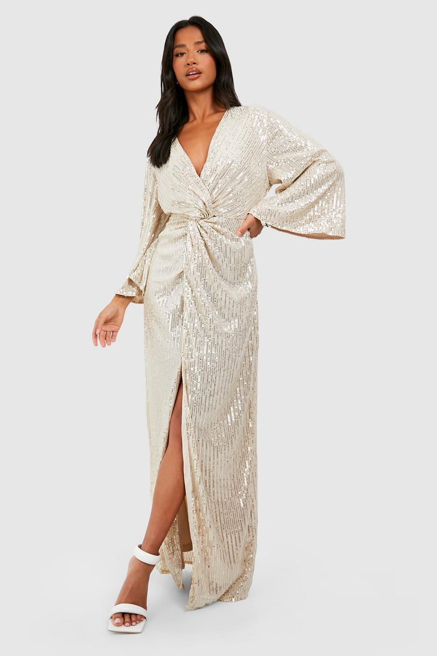 Gold Petite Sequin Knot Front Angel Sleeve Maxi Dress