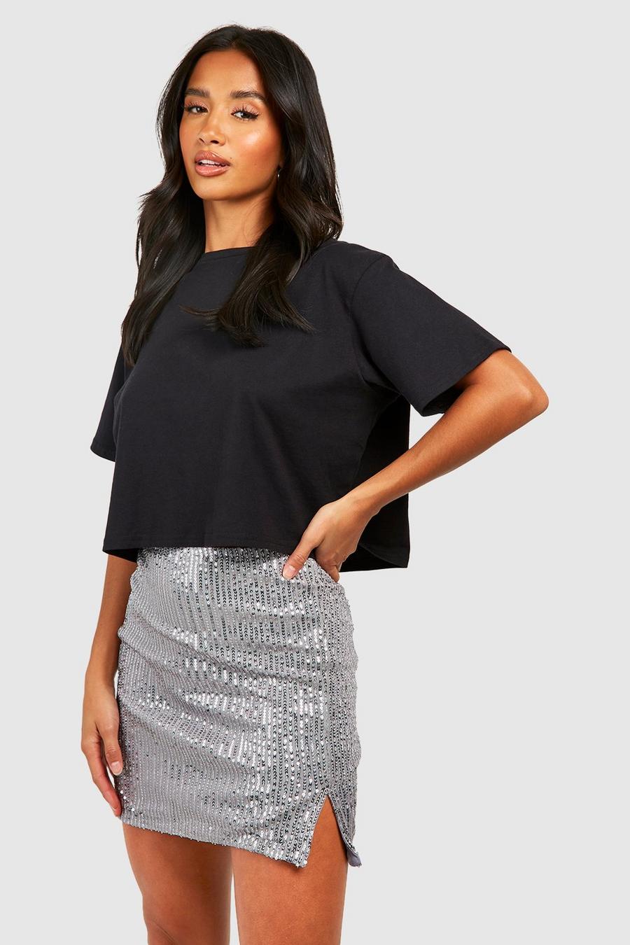 Silver Petite Sequin Split Hem Mini Skirt