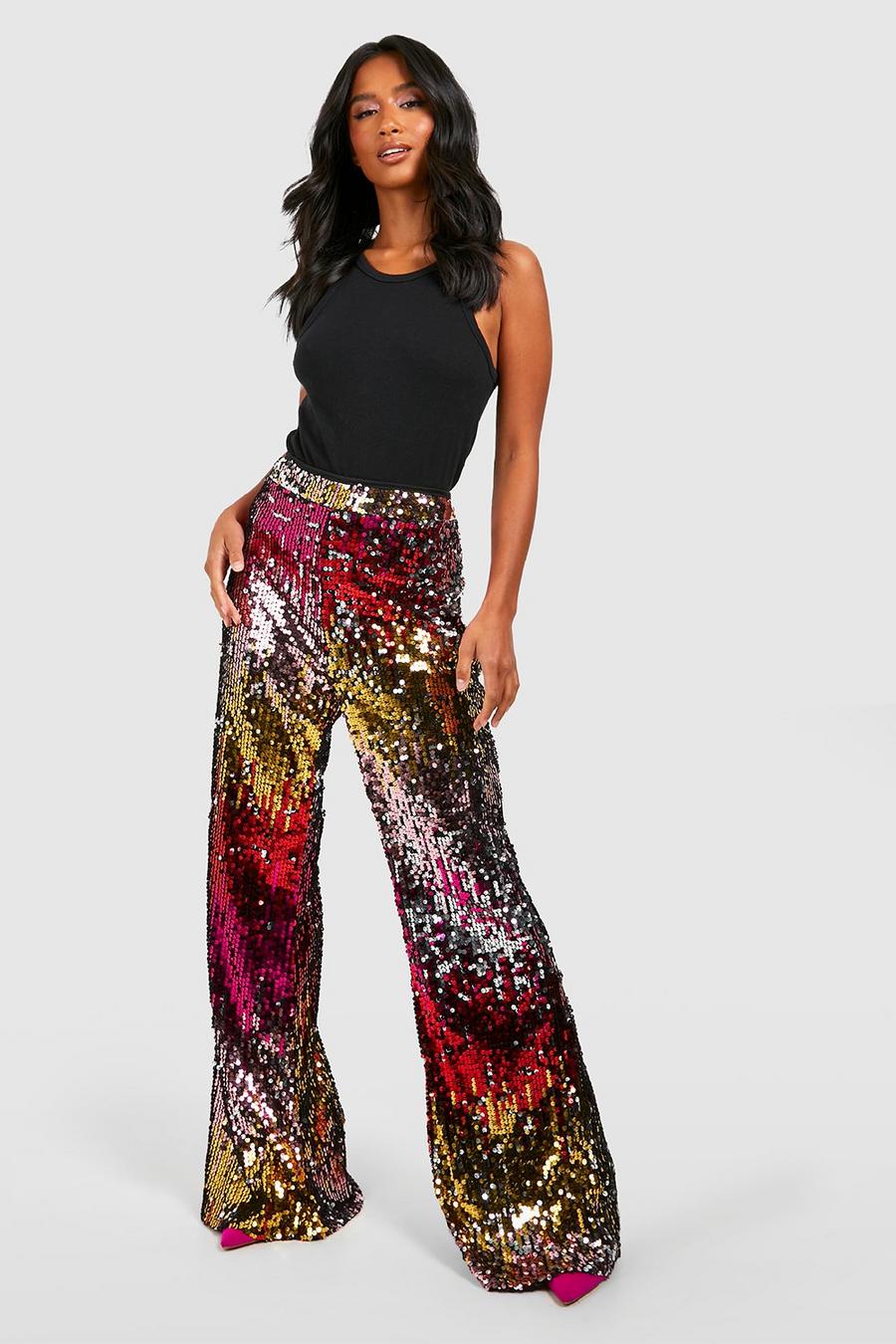 Black Petite Multicolored Sequin High Waist Flare Pants image number 1