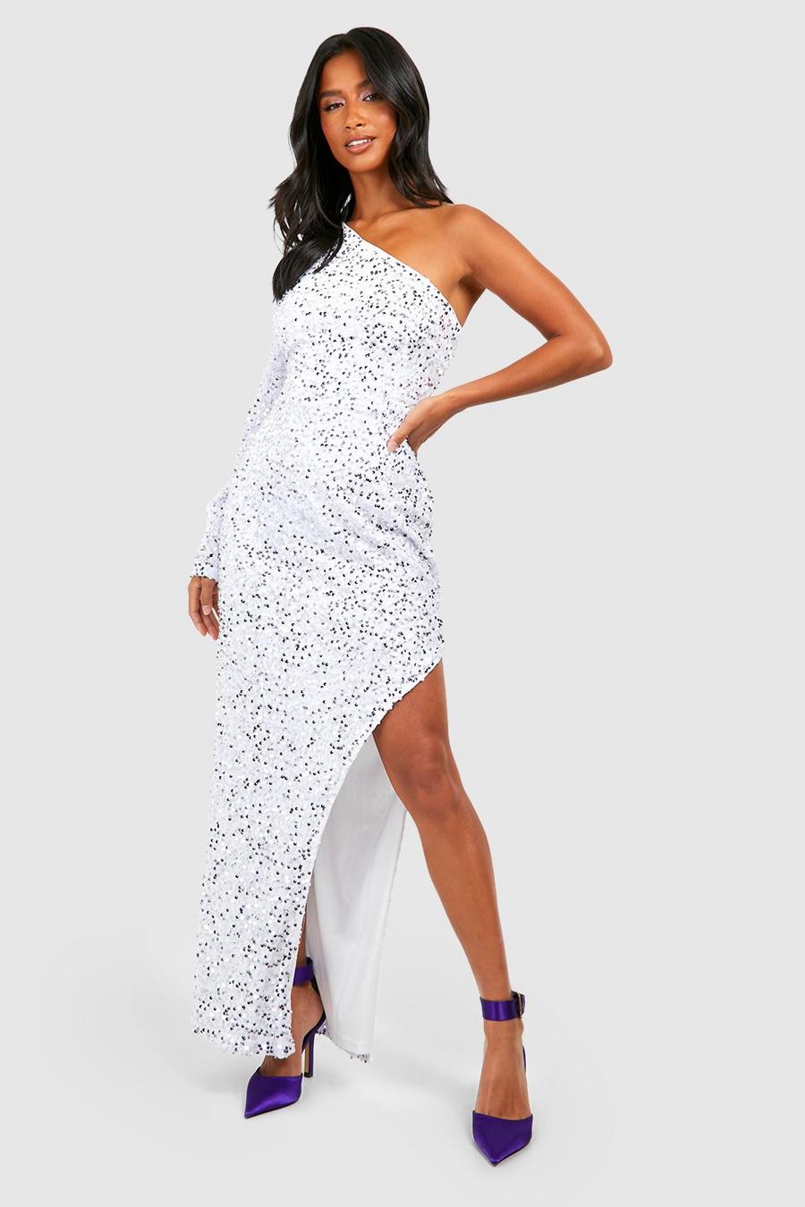 White Petite Velvet Sequin Asymmetric Maxi Dress 