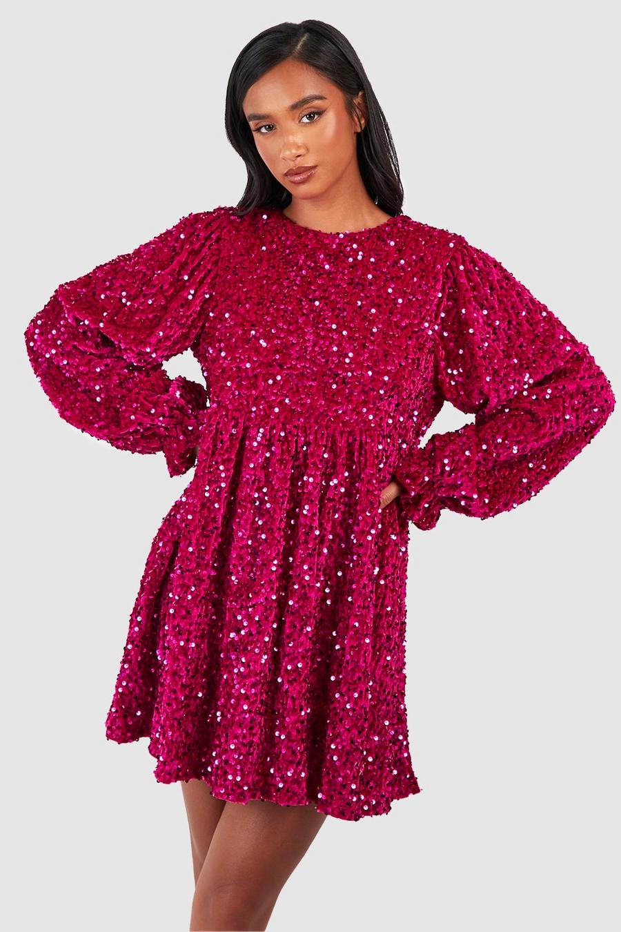 Hot pink Petite Velvet Sequin Swing Smock Dress  image number 1