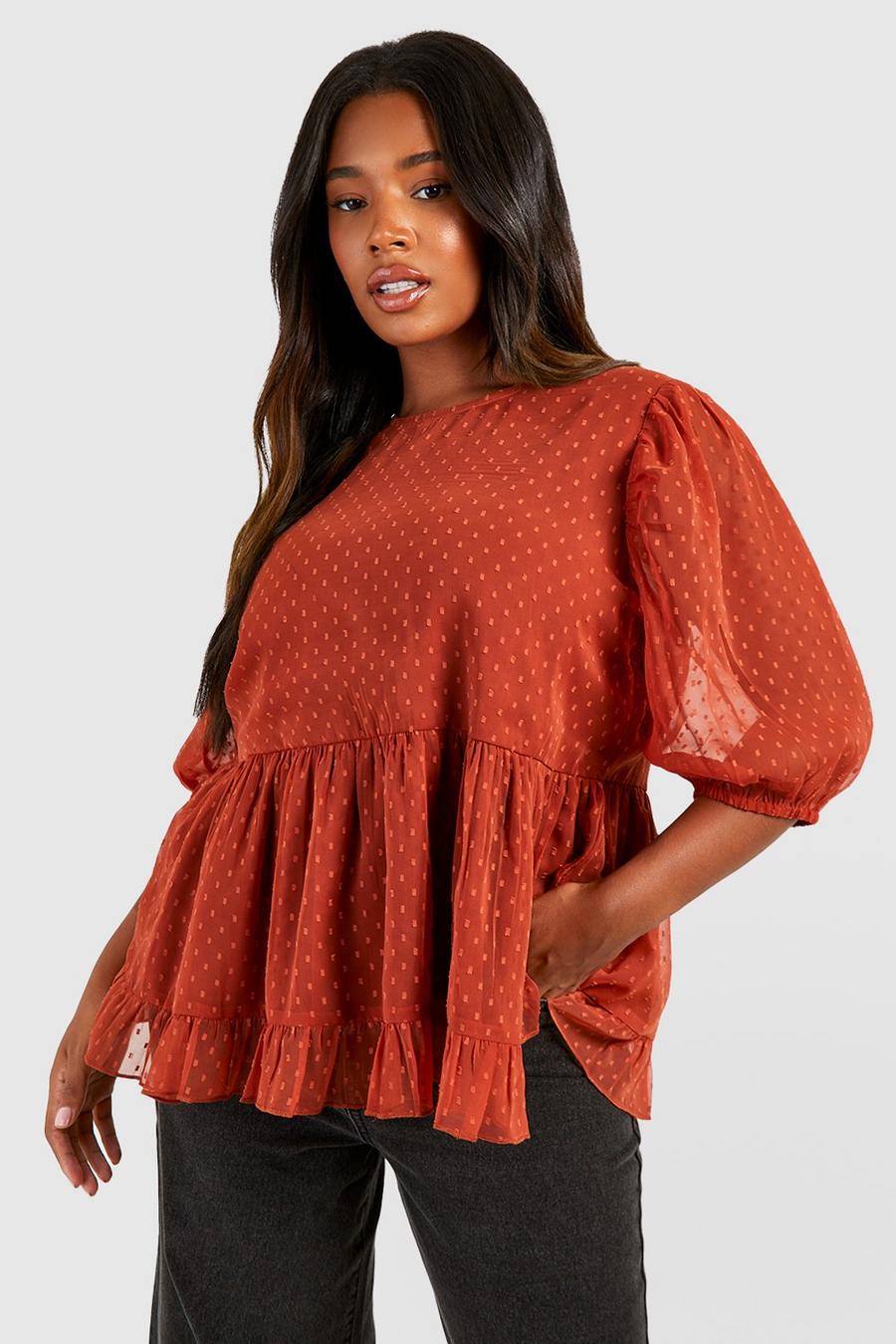 Rust Plus Dobby Frill Hem Smock Top