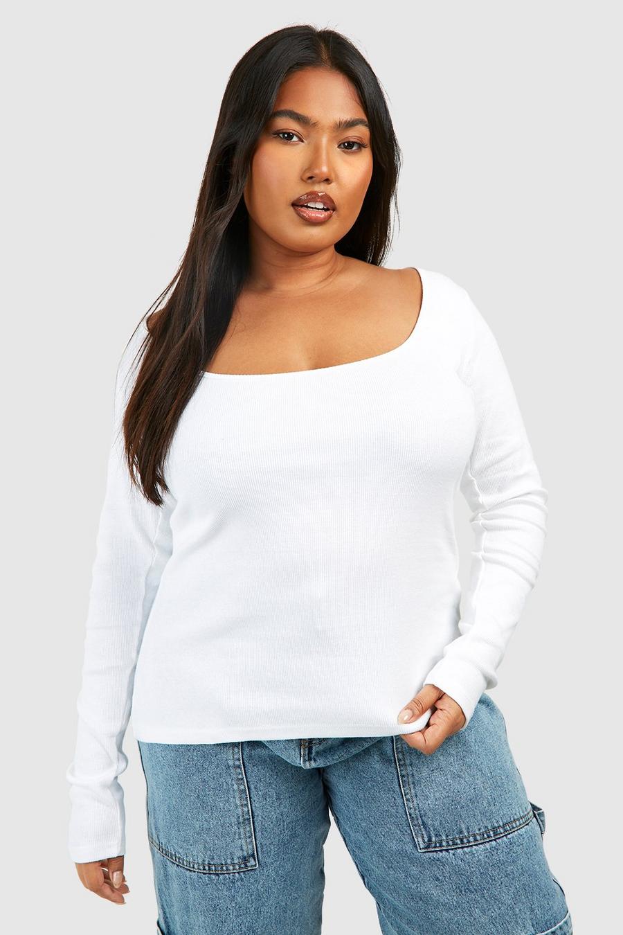 White Plus Ribbed Thick Binding Scoop Neck Top