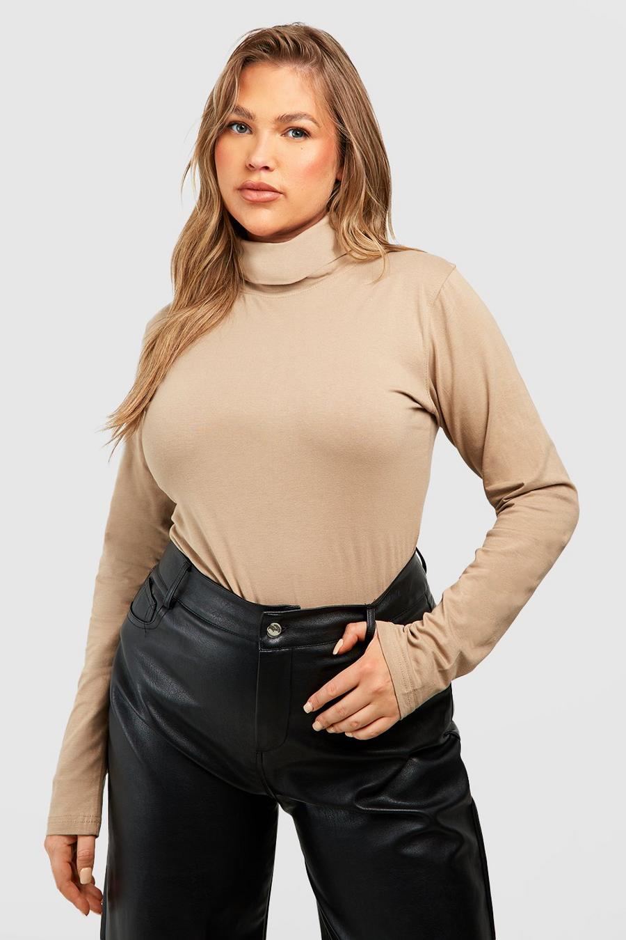 Taupe Plus Cotton Long Sleeve Roll Neck Top 
