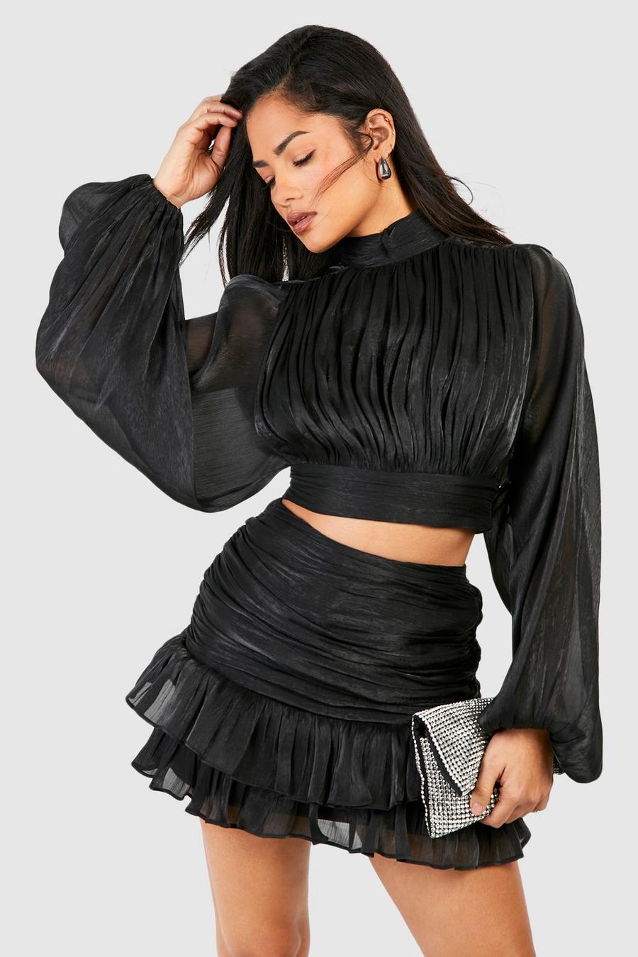 Black Shimmer Textured Ruched Pep Hem Mini Skirt