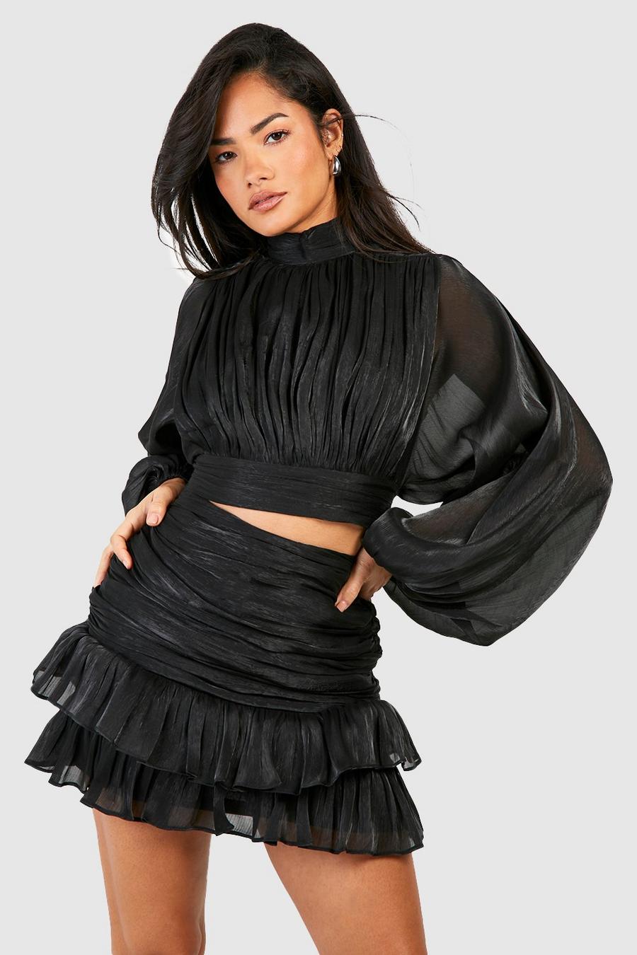 Black Shimmer Textured Pleat Front Puff Sleeve Blouse