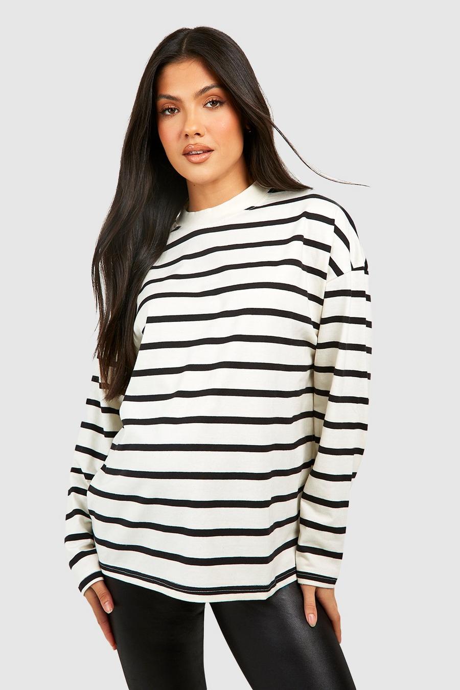 Ecru Maternity Crew Neck Long Sleeve Stripe Top