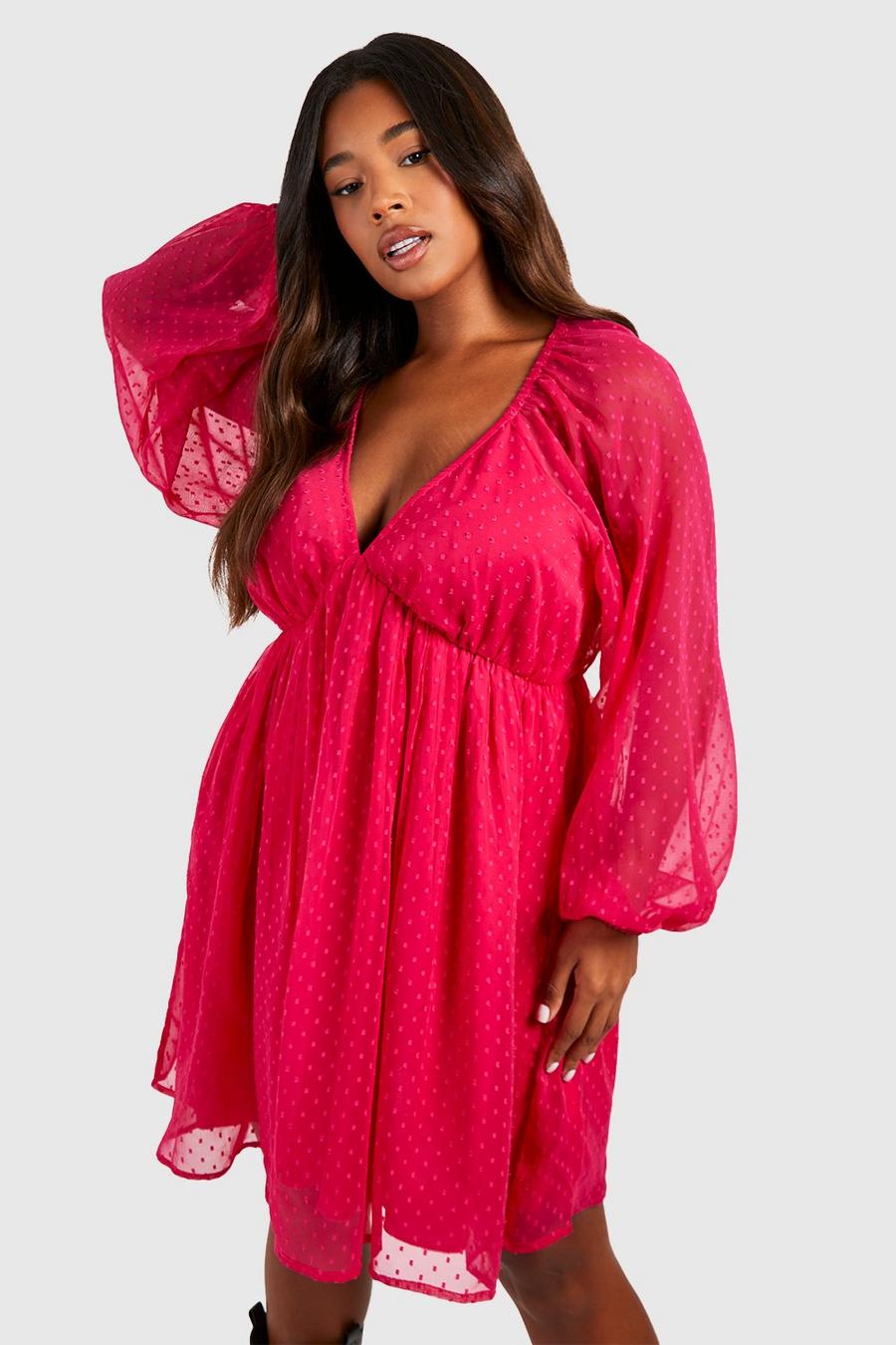 Vestito grembiule Plus Size in rete plumetis con maniche a palloncino, Hot pink