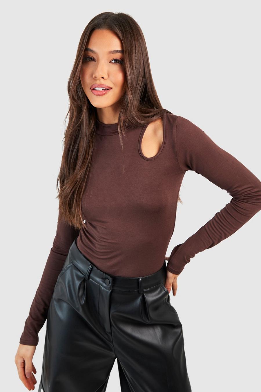 Chocolate Jersey High Neck Cut Out Bodysuit 