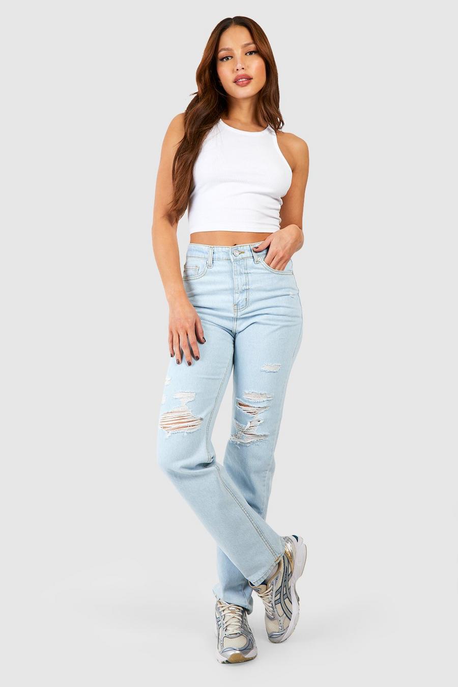 Mid blue Tall High Waisted Distressed Ripped Straight Leg Jean