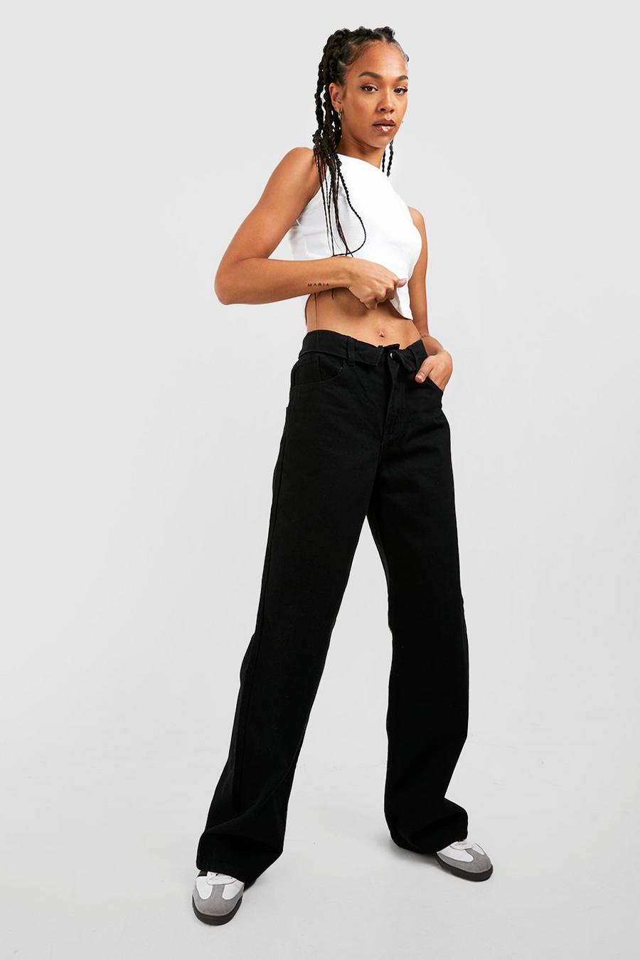 Black Tall Wide Leg Jeans Met Gevouwen Tailleband image number 1