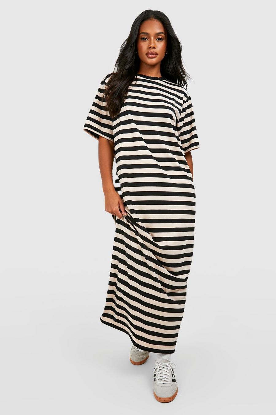 Black Oversized Striped T-shirt Maxi Dress  image number 1