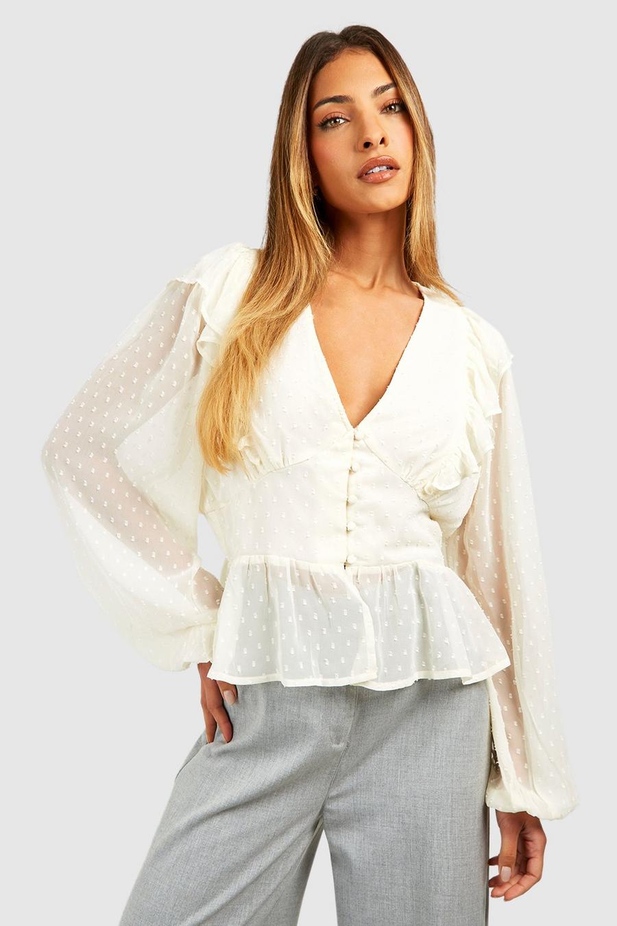 Ivory Dobby Button Detail Long Sleeve Blouse 