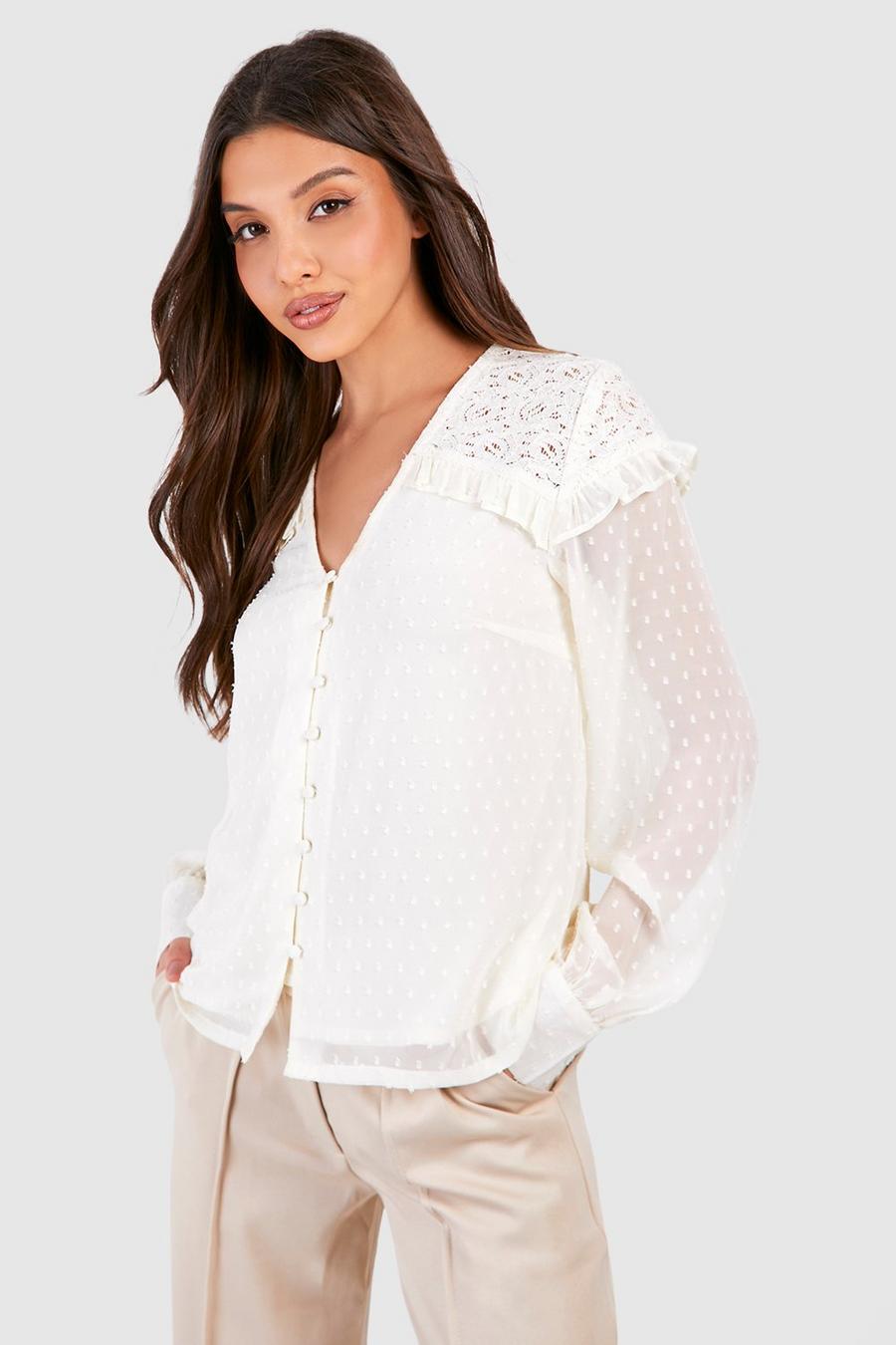 Ivory Dobby Lace Detail Blouse 