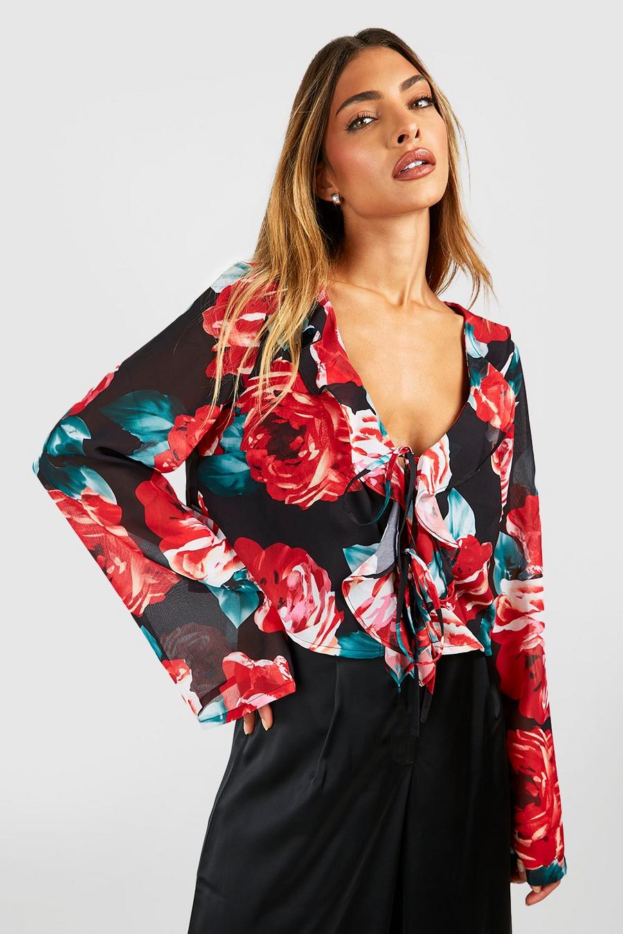 Red Rose Printed Woven Tie Cropped Blouse 