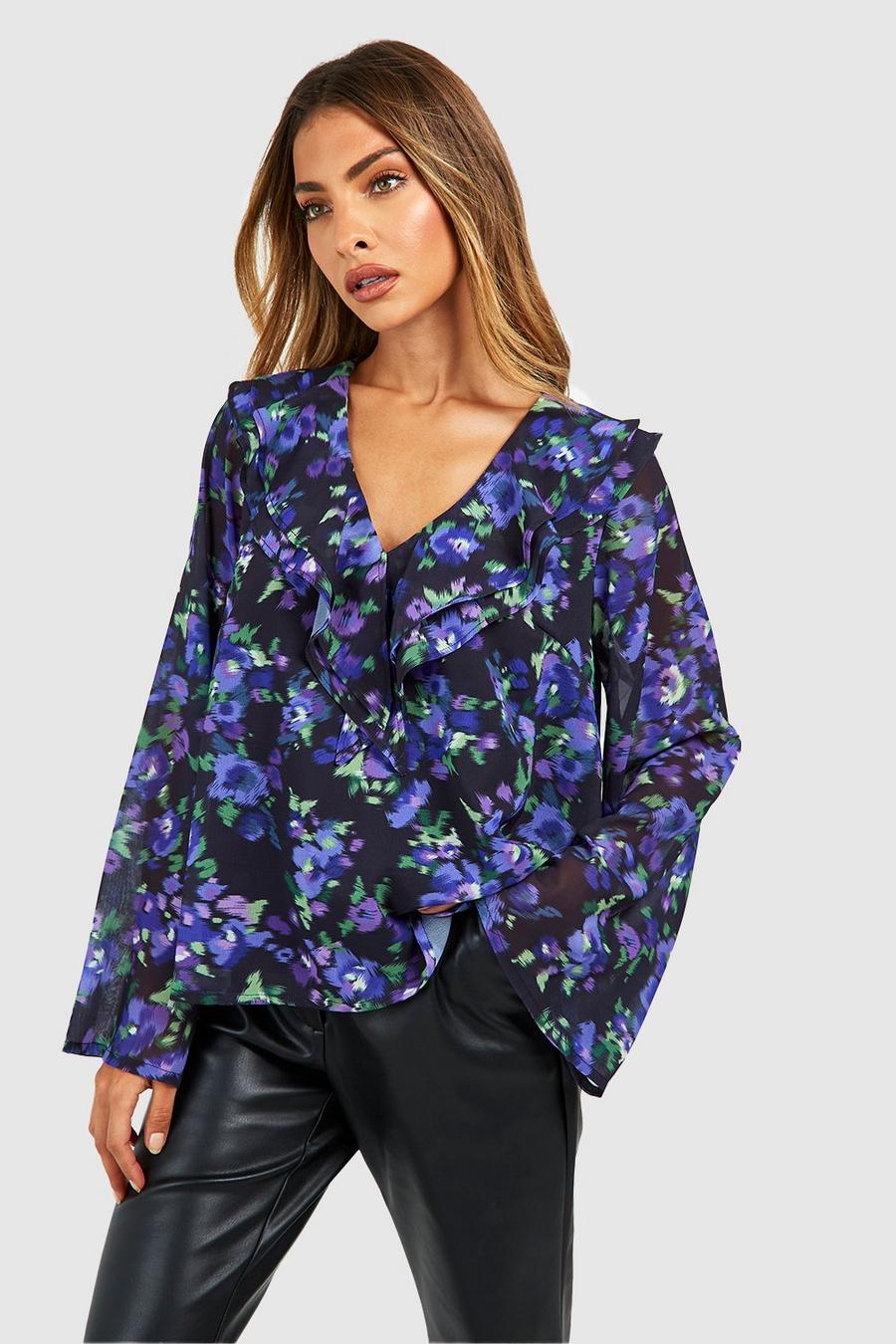 Black Floral Woven Printed Ruffle Blouse 